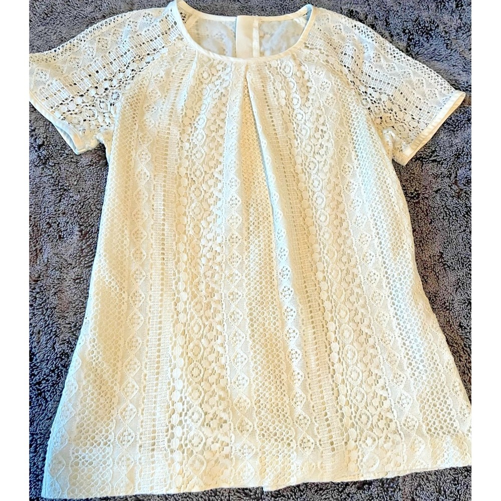 Banana Republic Lace Tee‎ Women 12 Ivory Short Sleeve Back Zip Lined Cotton Top